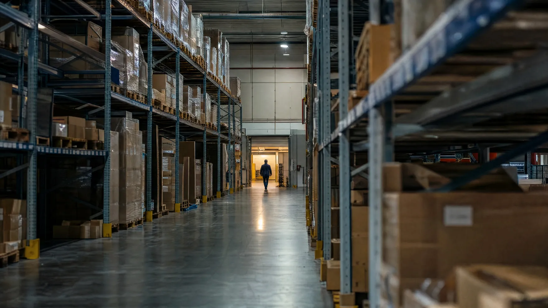 A long warehouse aisle of high steel racking, one figure walking toward a lit doorway at the far end.
