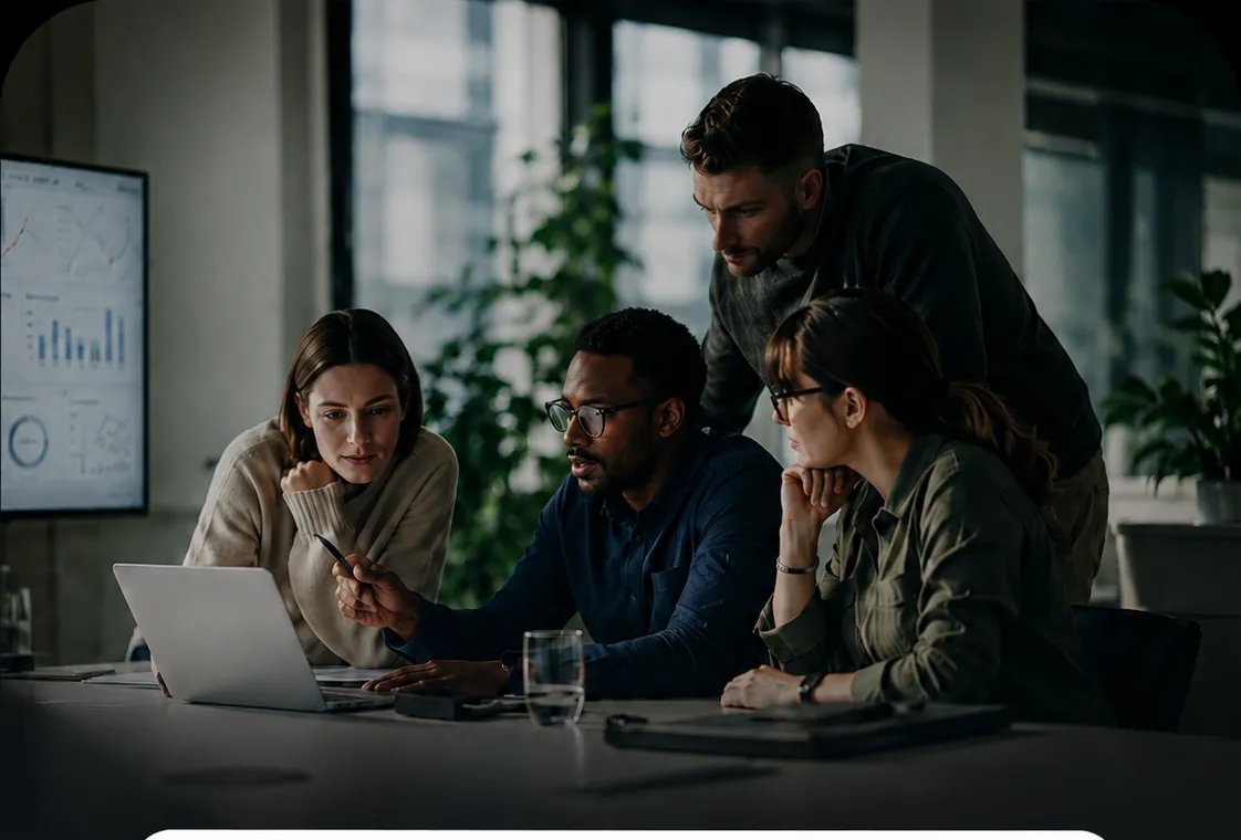 Analytics team reviewing a Business Intelligence dashboard