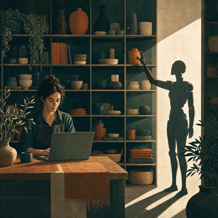 A small-shop owner at a laptop with deep tidy shelves behind them and an agent-shaped shadow reaching in from the doorway.