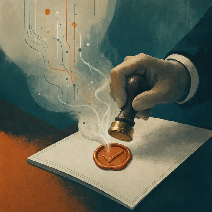 An official document pressed with a wax seal shaped like a checkmark, faint steam curling from the warm wax.