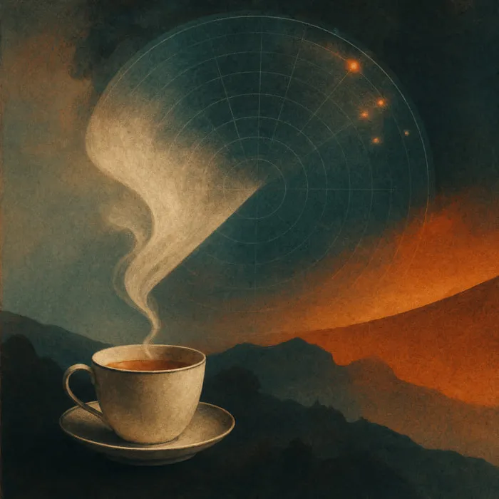 A radar sweep drawn as steam rising from a cup and fanning across a dark dial, a few faint blips near the edge.