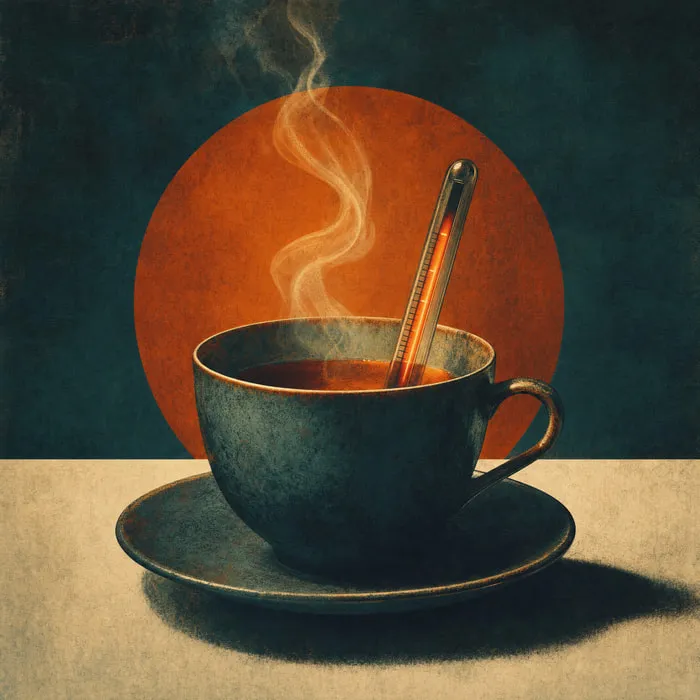 A teacup with a thermometer resting in it, the liquid glowing hot near the top of the gauge.