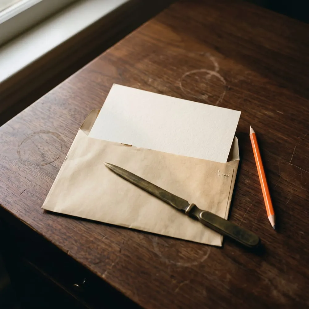A slit-open manila envelope on a dark walnut desk with a brass letter opener across it and a blank sheet half withdrawn, representing the month the AI commerce numbers arrived.
