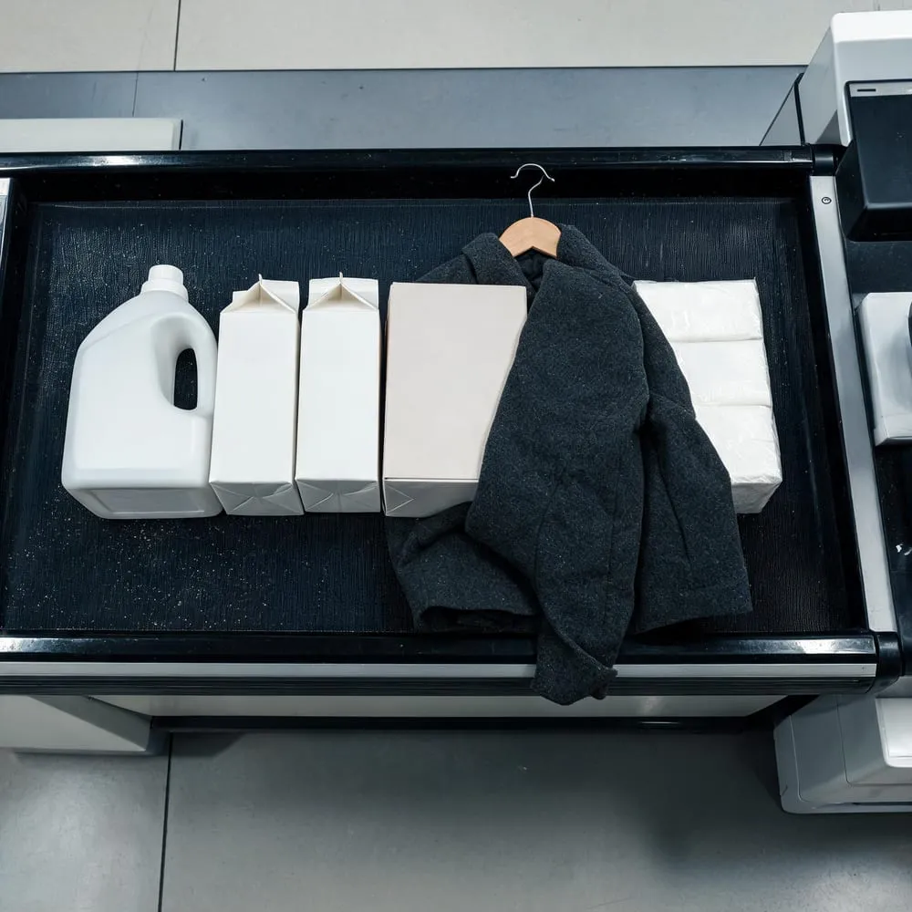 A supermarket conveyor belt loaded with detergent and milk with a single wool jacket on a hanger lying incongruously among them, representing assistant basket-lift figures drawn from grocery rather than apparel.