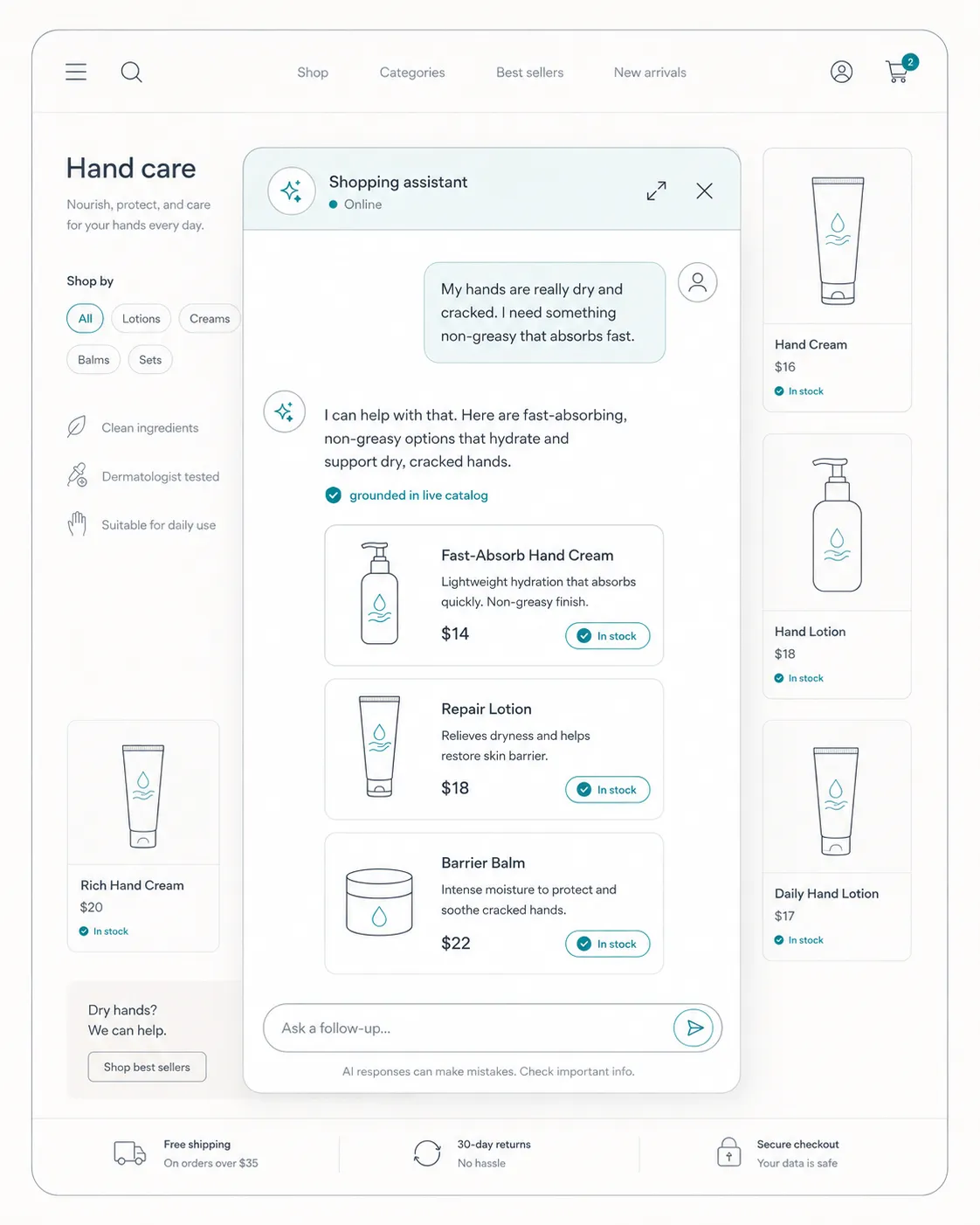 A storefront hand-care page with the Shopping Assistant open: a shopper asks for something non-greasy for dry, cracked hands and the assistant returns three grounded, in-stock product recommendations with prices.