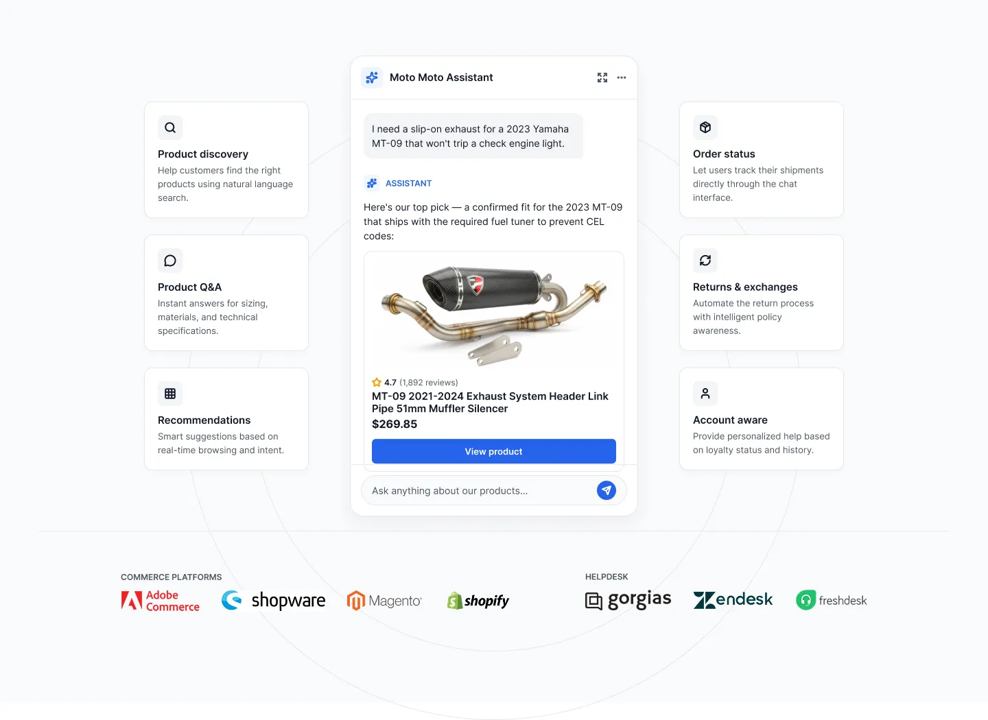 Specialist agents for discovery, product Q&A, recommendations, orders, and support routing into one assistant conversation